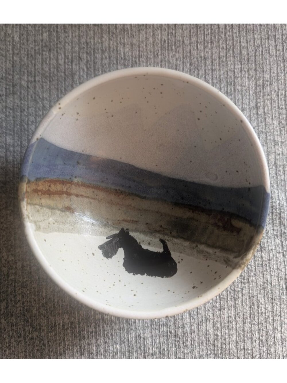 Glazed Pottery Trinket Bowl with Black Scottie Dog, 13.5cm Diameter, Signed, EUC